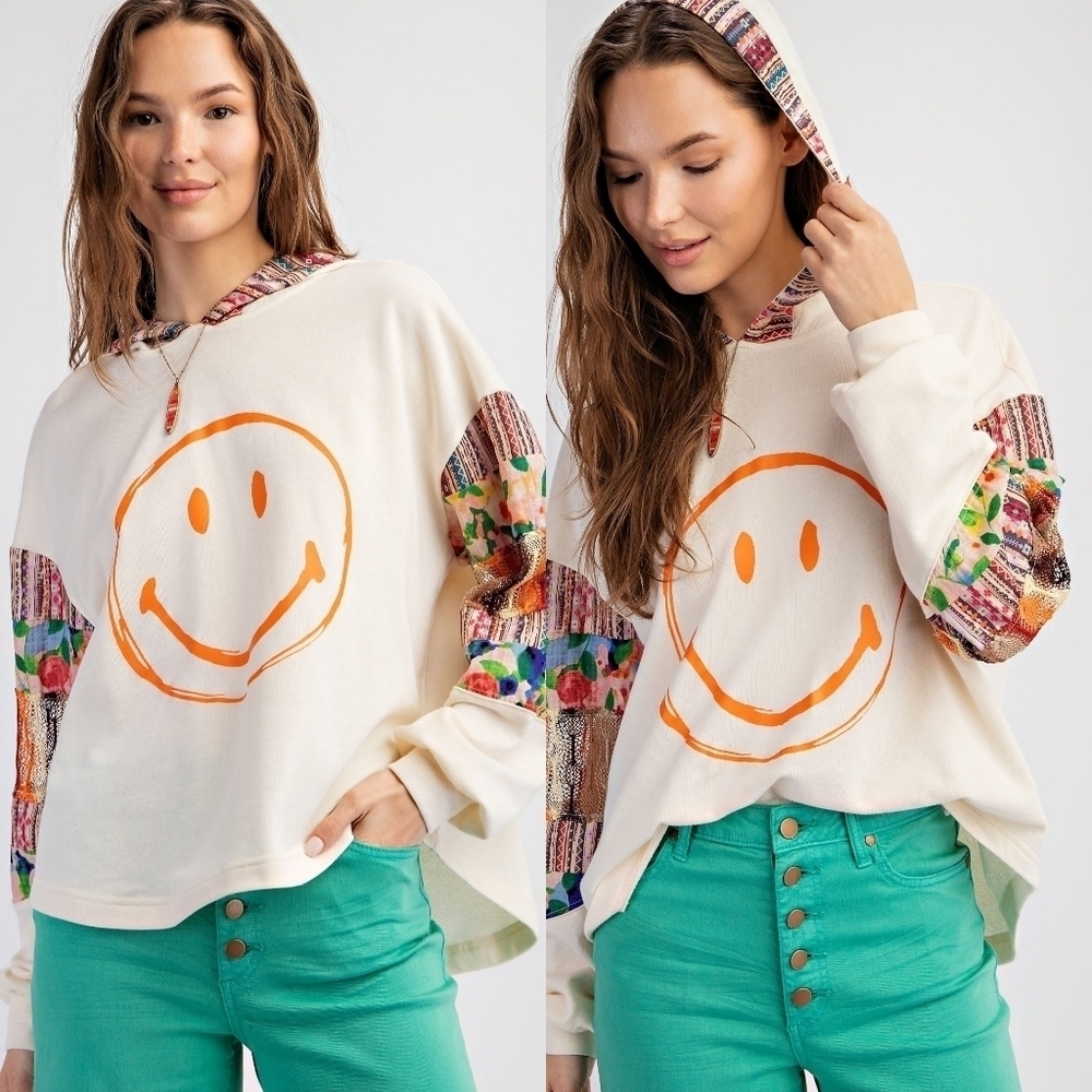 NWT Easel Smiley Face PatchworkTerry  Knit Hoodie Pullover